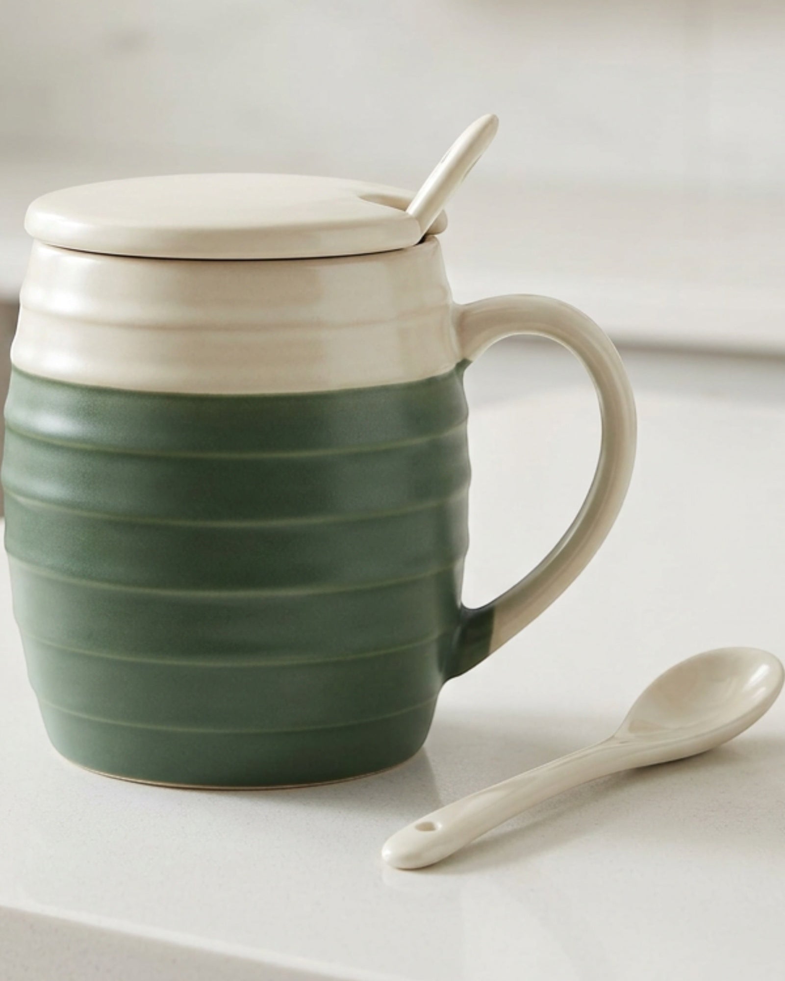 Wvkfn Horizontal Rib Lidded Ceramic Coffee Mug 13 oz Forest Cream - Lifestyle view
