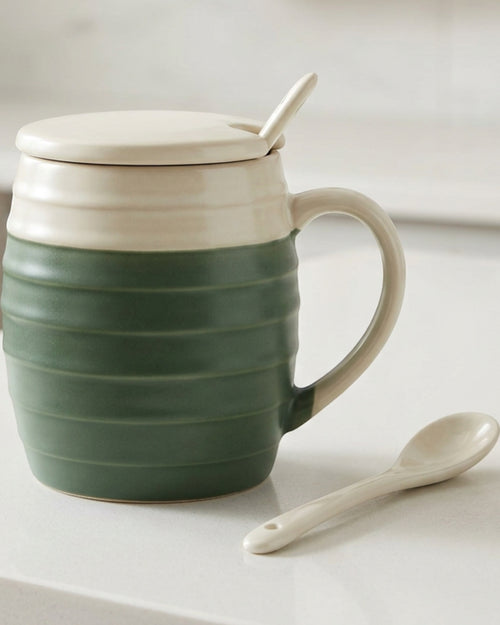Wvkfn Horizontal Rib Lidded Ceramic Coffee Mug 13 oz Forest Cream - Lifestyle view