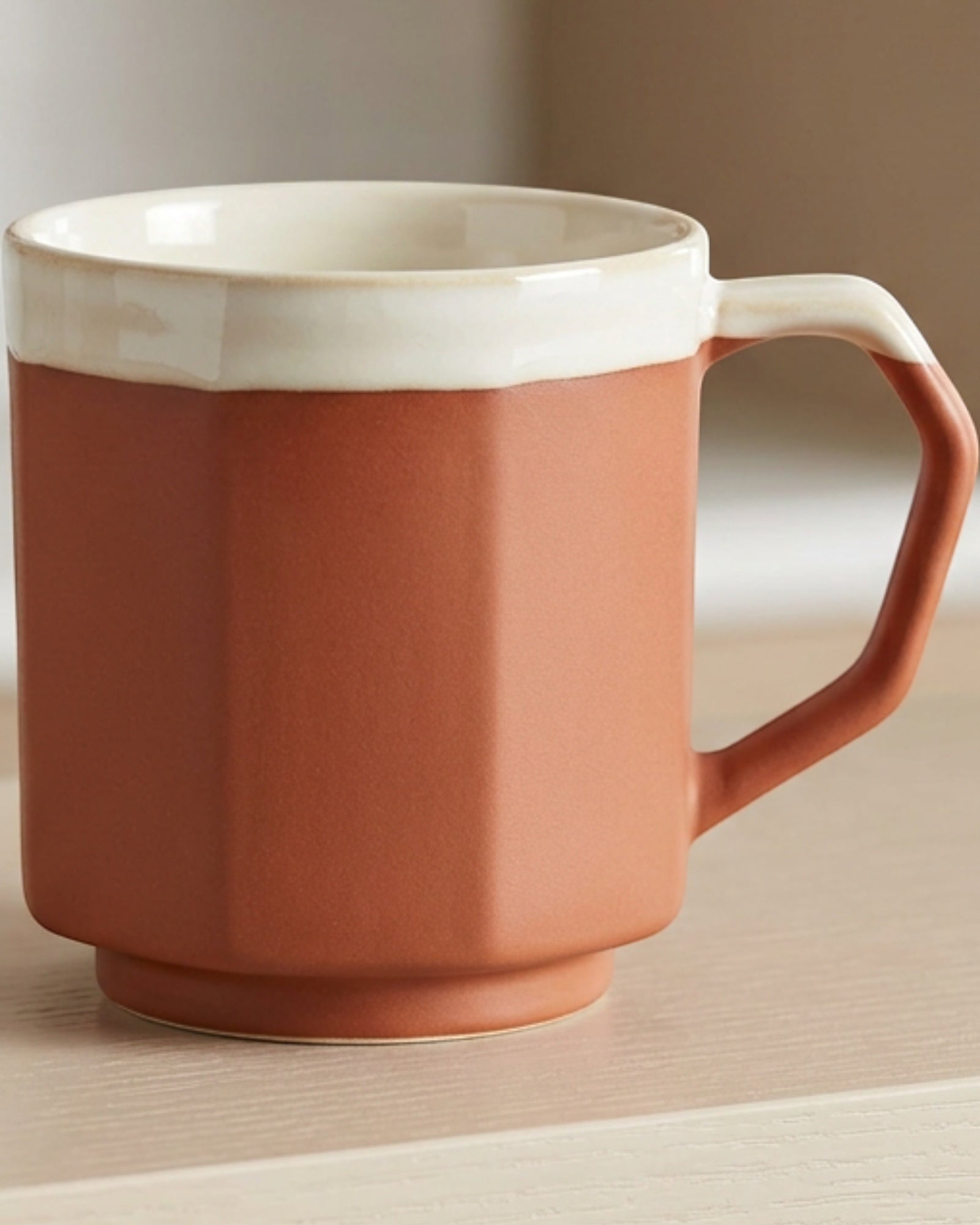 Wvkfn Octagonal Footed Ceramic Coffee Mug 11 oz Terracotta Ivory - Lifestyle view